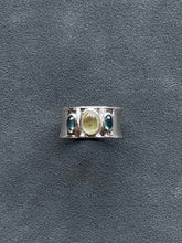 Load image into Gallery viewer, Three stone lemon quartz and blue topaz band ring