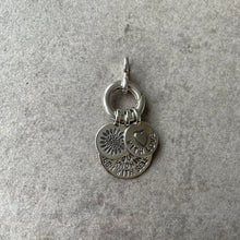 Load image into Gallery viewer, LifeStory "starter", 15mm diameter chunky silver bale to hold charms, 7mm bale to hold chain, 10mm flat round silver disc with the lettering "LIFESTORY" around the circumference holding 3 disc charms, 1 large disc at the back with stamped lettering visible, and 2 small overlapping at the top, one with a stamped sunflower design and the other with the lettering WITH LOVE around the circumference and a fused on silver heart in the middle