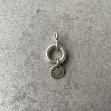 Load image into Gallery viewer, LifeStory "starter", 15mm diameter chunky silver bale to hold charms, 7mm bale to hold chain, 10mm flat round silver disc with the lettering "LIFESTORY" around the circumference