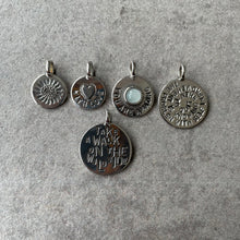 Load image into Gallery viewer, 5 LifeStory disc charms with varied patterns and lettering. Left to right: Sunflower pattern; heart and  words WITH LOVE; pale blue stone and words YOU ARE AMAZING; large  disc with lettering THE PROBLEM WITH SELF IMPROVEMENT IS KNOWING WHEN TO STOP. Bottom charm, large with lettering TAKE A WALK ON THE WILDSIDE
