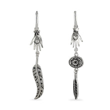 Load image into Gallery viewer, Hand and feather asymmetric drop earrings
