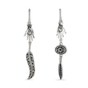 Hand and feather asymmetric drop earrings