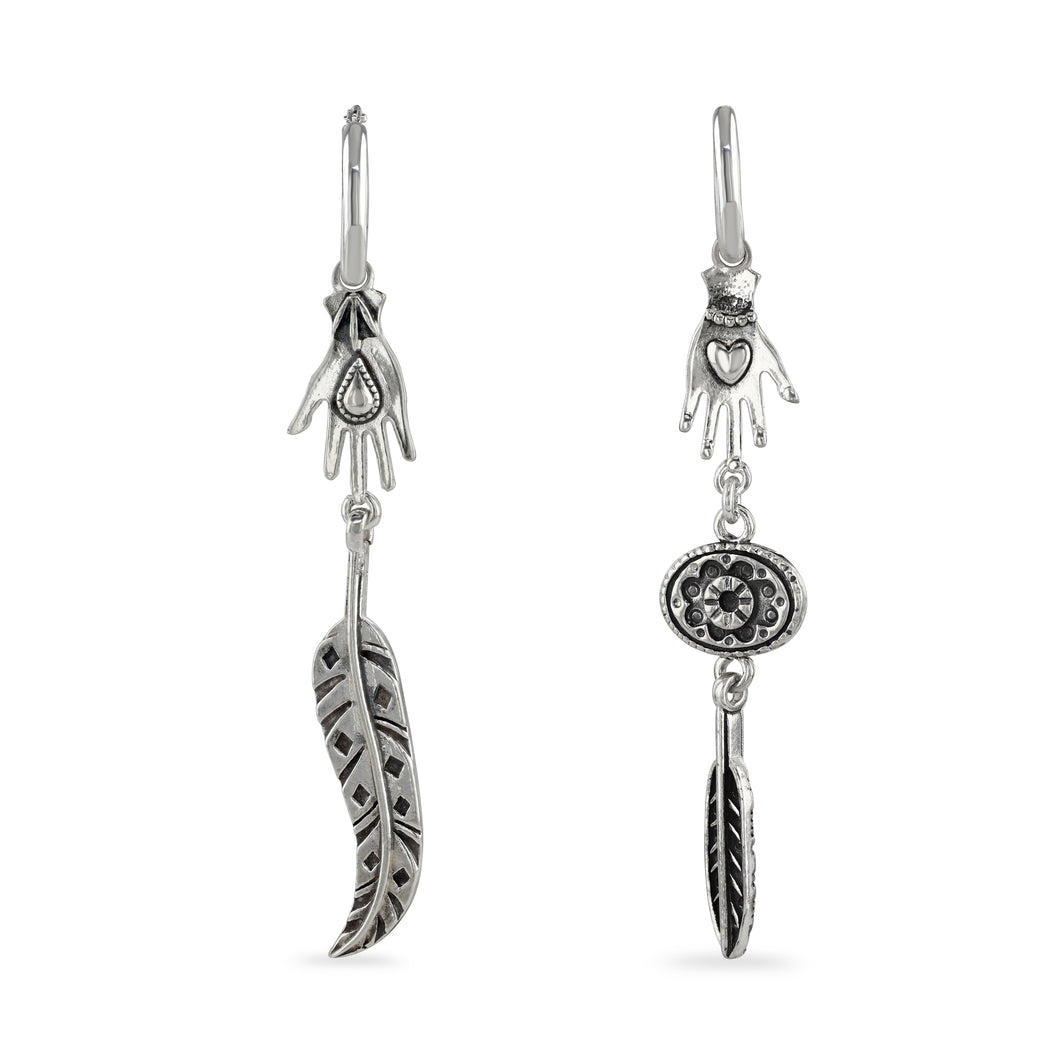 Hand and feather asymmetric drop earrings
