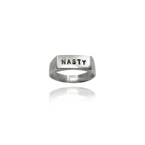 Sterling silver signet ring with stamped and oxidised lettering 