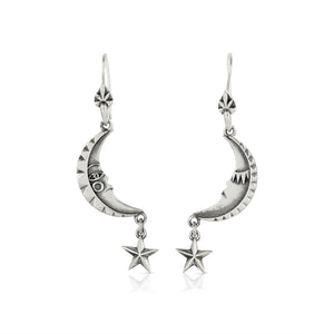 SILVER MOON AND STAR DROP EARRINGS - Amabis