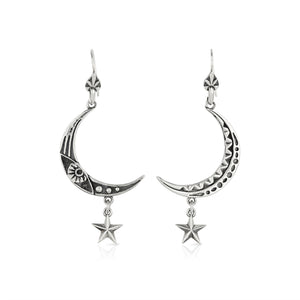 SILVER MOON AND STAR DROP EARRINGS - Amabis