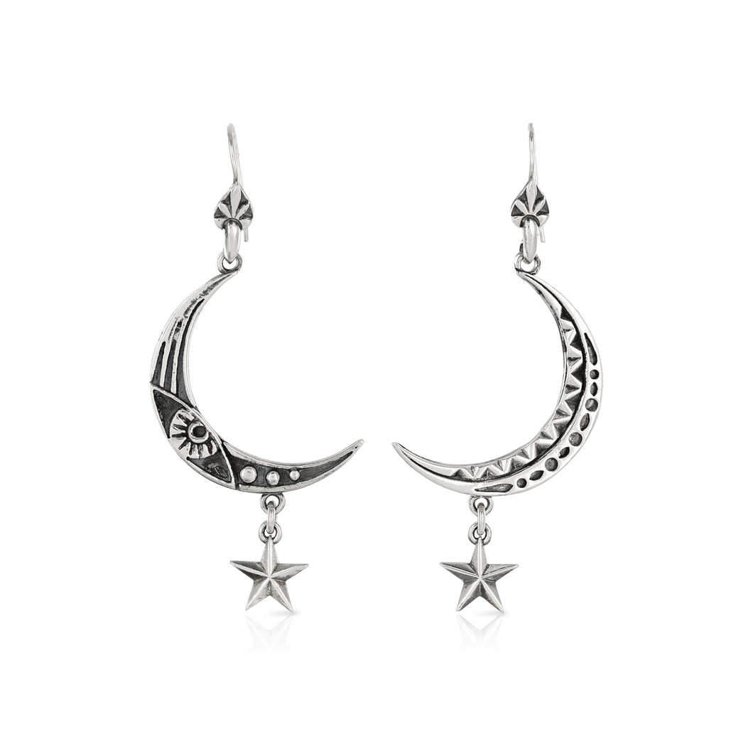 SILVER MOON AND STAR DROP EARRINGS - Amabis