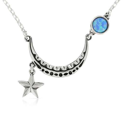 SILVER MOON WITH OPAL AND STAR NECKLACE - Amabis